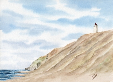Poster DIN-A3 watercolor maritime art print North Sea Denmark Danmark lighthouse Rubjerg Knude dune Blokhus Lokken Cliff